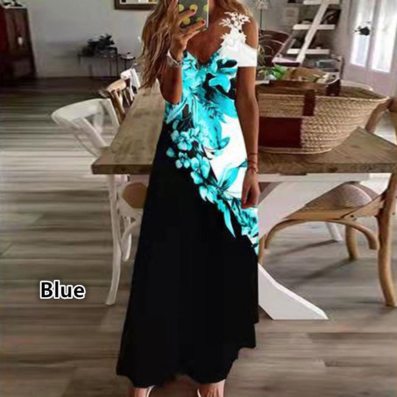 2023 European And American Cross-Border Amazon Women'S Summer New Lace Suspender V-Neck Fashion Printed Loose Dress