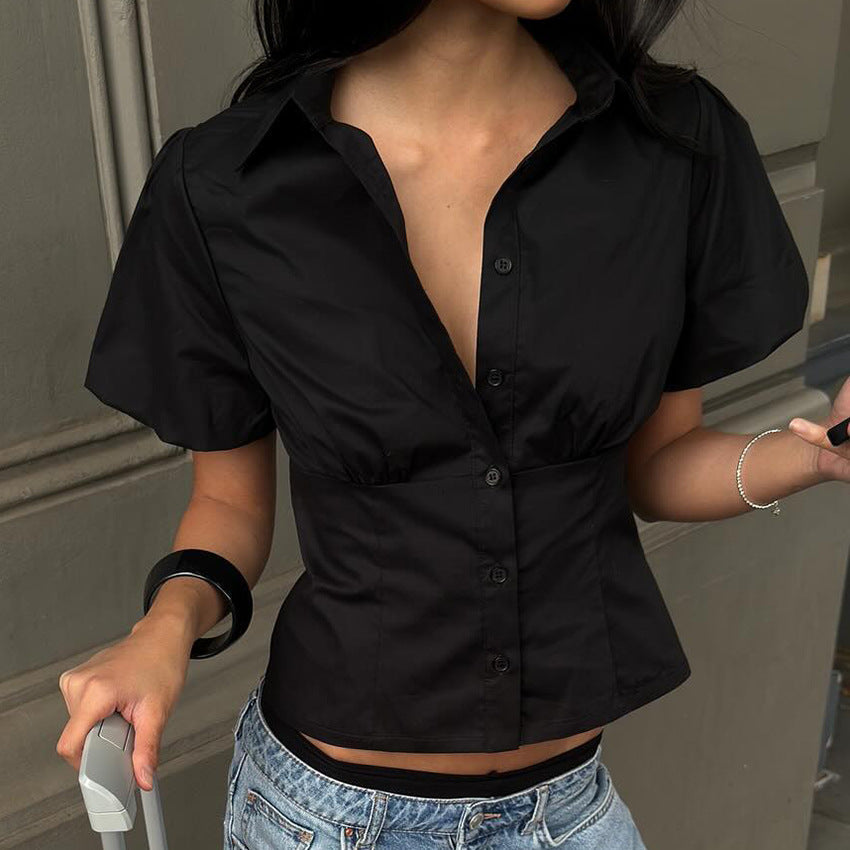 2025 Summer New Puff Sleeve Shirt Design Temperament Waist Top Fashion Personality European And American Commuting Versatile