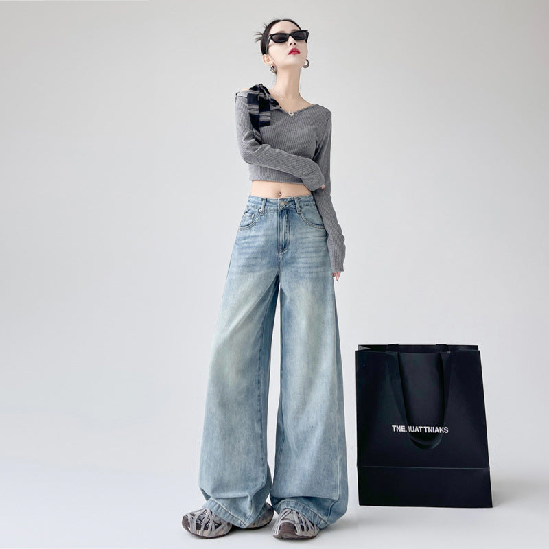 High-Waisted Loose Washed Jeans For Women, Slim And Drapey Straight Pants, Floor-Length Pants, Wide-Leg Pants, Long Pants, Blue Pants