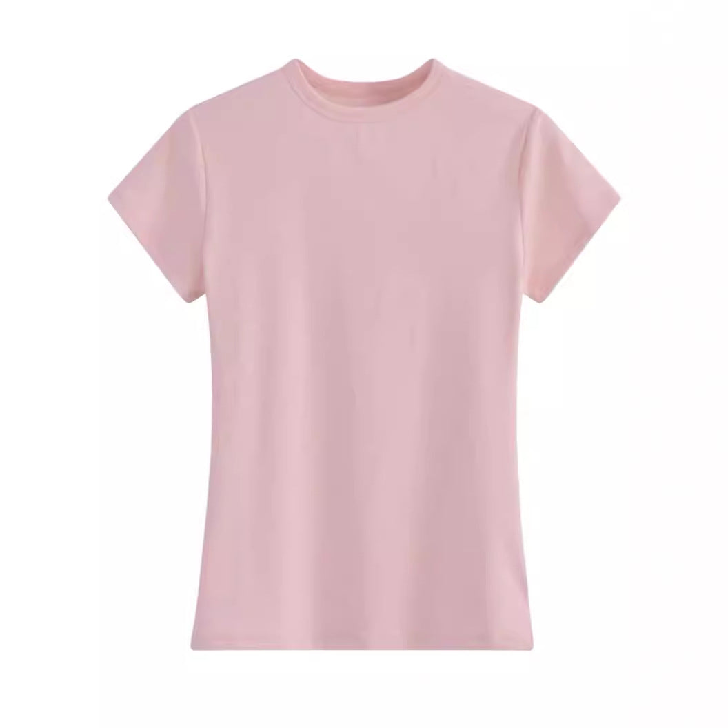 Ye Yuan'S Right Shoulder Slim Slim Sweet Top For Women Summer New Tight Short-Sleeved Pink Bottoming Shirt T-Shirt For Women