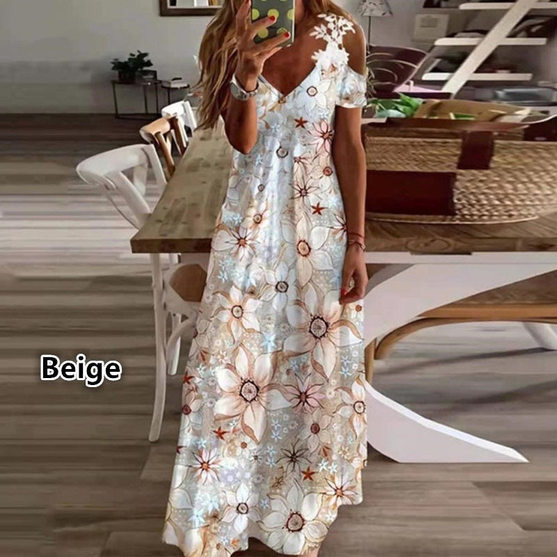 2023 European And American Cross-Border Amazon Women'S Summer New Lace Suspender V-Neck Fashion Printed Loose Dress