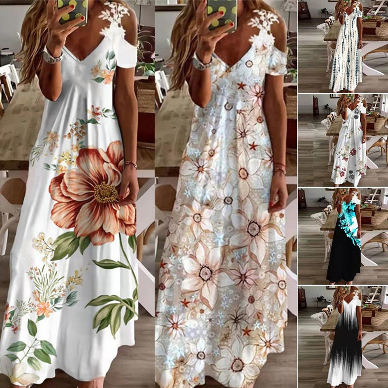 2023 European And American Cross-Border Amazon Women'S Summer New Lace Suspender V-Neck Fashion Printed Loose Dress