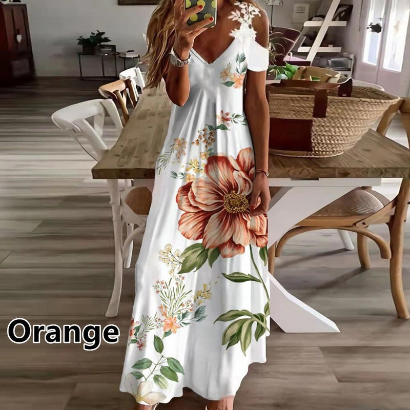 2023 European And American Cross-Border Amazon Women'S Summer New Lace Suspender V-Neck Fashion Printed Loose Dress