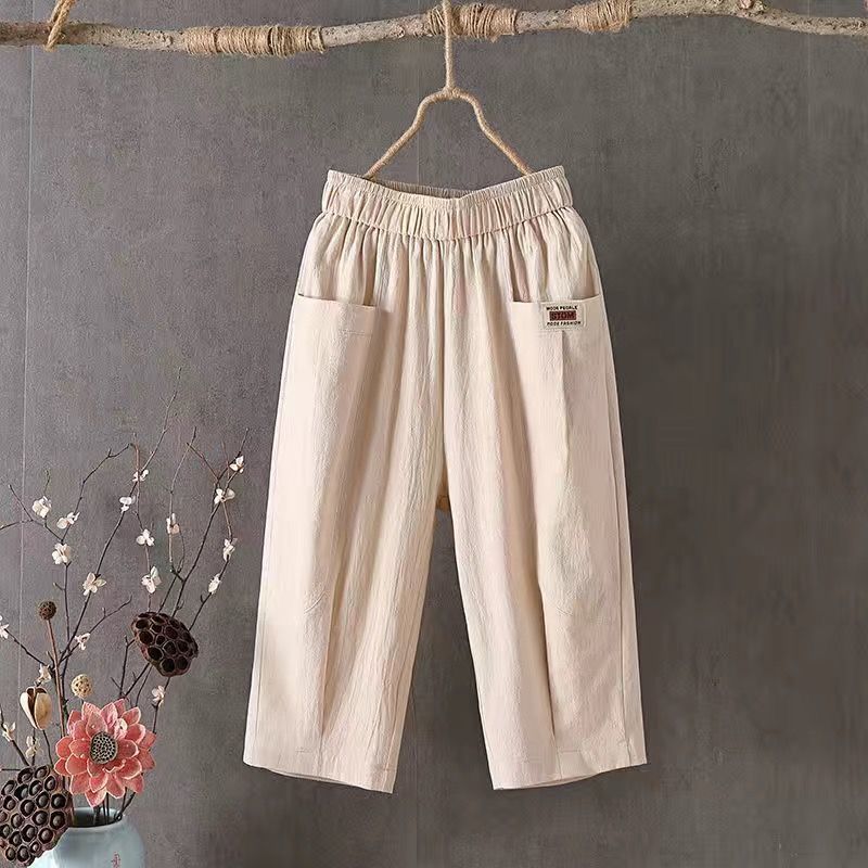 Cotton And Linen Cropped Pants For Women In Summer, Loose, Large Size, Linen, Elastic Waist, Small Feet, Harem Pants, Versatile Casual Pants 8207