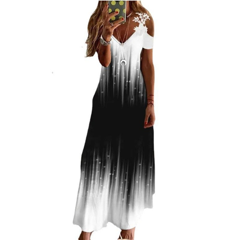 2023 European And American Cross-Border Amazon Women'S Summer New Lace Suspender V-Neck Fashion Printed Loose Dress