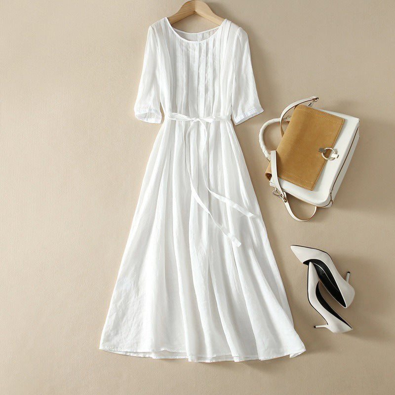 Ramie Dress Women'S 2026 Summer New Style Lace-Up Waist Long Skirt White Holiday Art Skirt Women'S Cotton And Linen Breathable