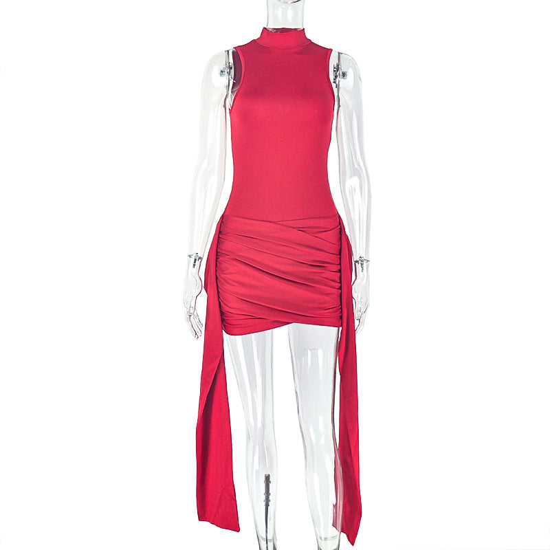 European And American Style Personalized Fashion Women'S Pleated Splicing Straps Slim Hip Skirt Casual Solid Color Stand-Up Collar Short Dress