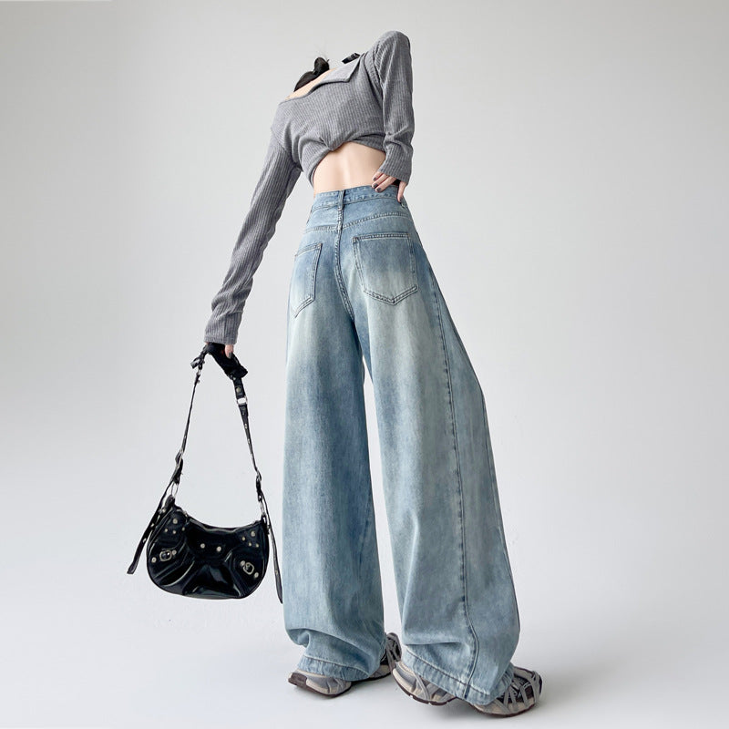 High-Waisted Loose Washed Jeans For Women, Slim And Drapey Straight Pants, Floor-Length Pants, Wide-Leg Pants, Long Pants, Blue Pants
