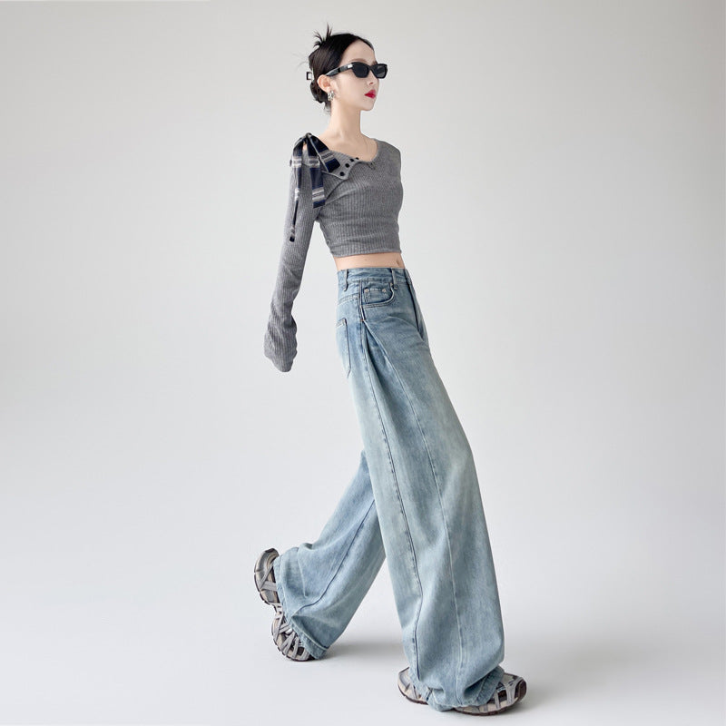 High-Waisted Loose Washed Jeans For Women, Slim And Drapey Straight Pants, Floor-Length Pants, Wide-Leg Pants, Long Pants, Blue Pants