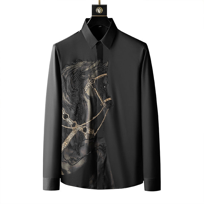 Trendy Brand Men'S Shirt Long-Sleeved Printed Perm Diamond Shirt Men'S Slim Fit No-Iron Anti-Wrinkle Shirt Men'S One Piece Drop Shipping