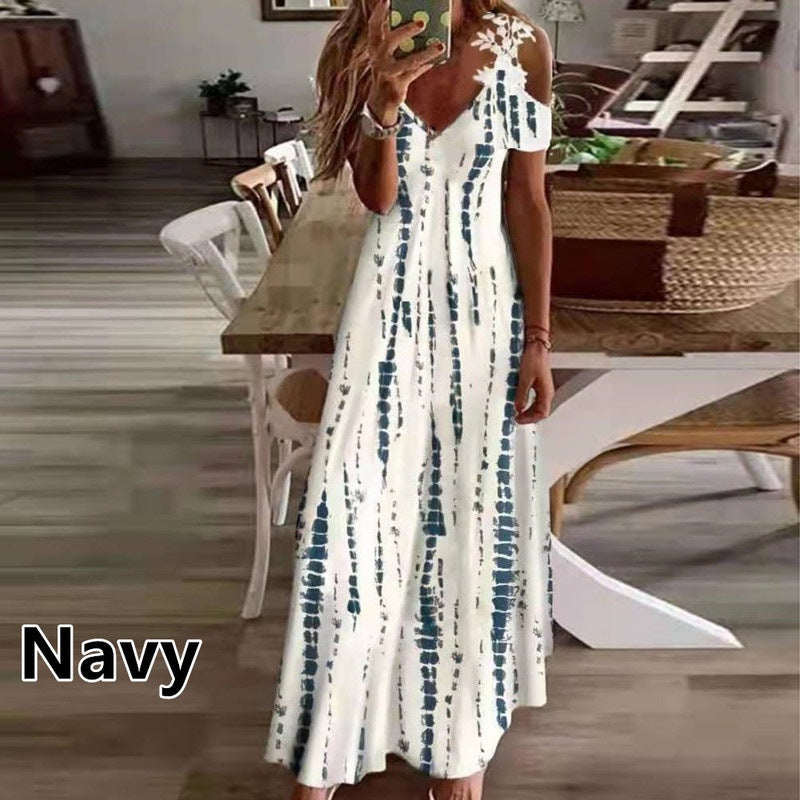 2023 European And American Cross-Border Amazon Women'S Summer New Lace Suspender V-Neck Fashion Printed Loose Dress