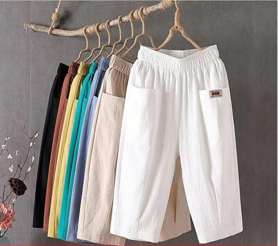 Cotton And Linen Cropped Pants For Women In Summer, Loose, Large Size, Linen, Elastic Waist, Small Feet, Harem Pants, Versatile Casual Pants 8207