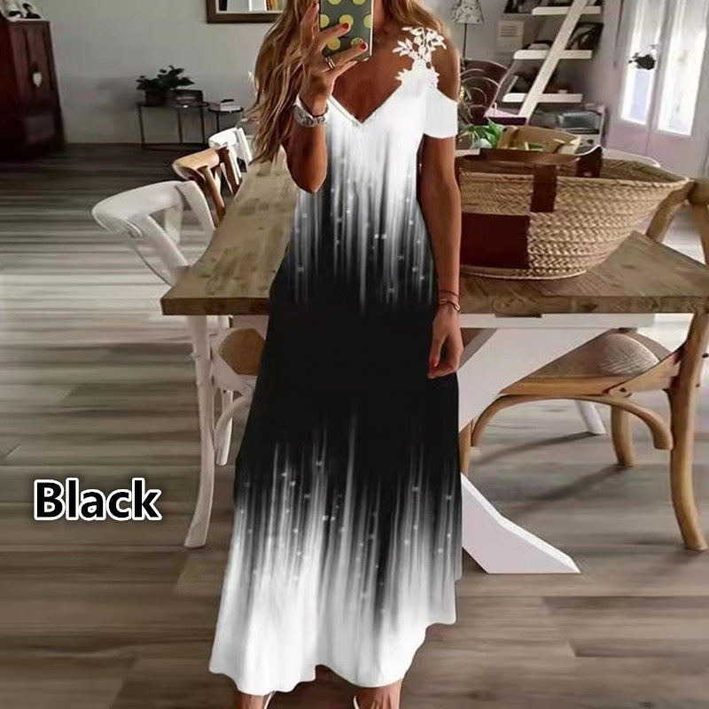 2023 European And American Cross-Border Amazon Women'S Summer New Lace Suspender V-Neck Fashion Printed Loose Dress
