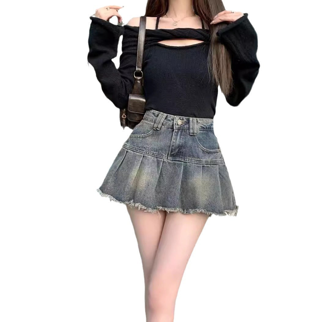 Hot Girl Retro Pleated Denim Skirt For Women 2025 New Summer High-Waisted A-Line Anti-Exposure Hip-Covering Short Skirt