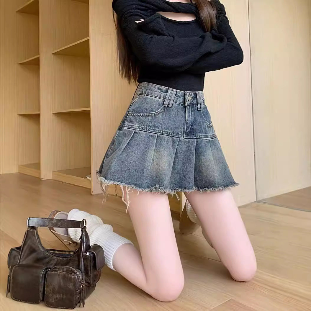 Hot Girl Retro Pleated Denim Skirt For Women 2025 New Summer High-Waisted A-Line Anti-Exposure Hip-Covering Short Skirt