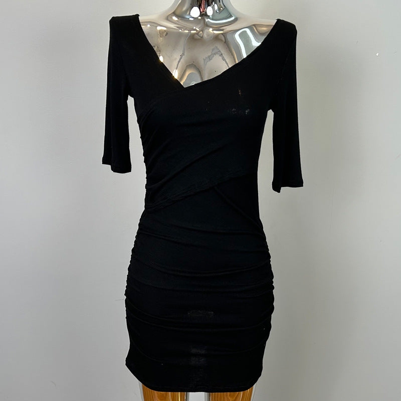 Dongdaemun, South Korea, New Tight-Fitting Hip-Hugging Dress, Feminine Breast-Showing Short Skirt, Gray Long-Sleeved Fashion