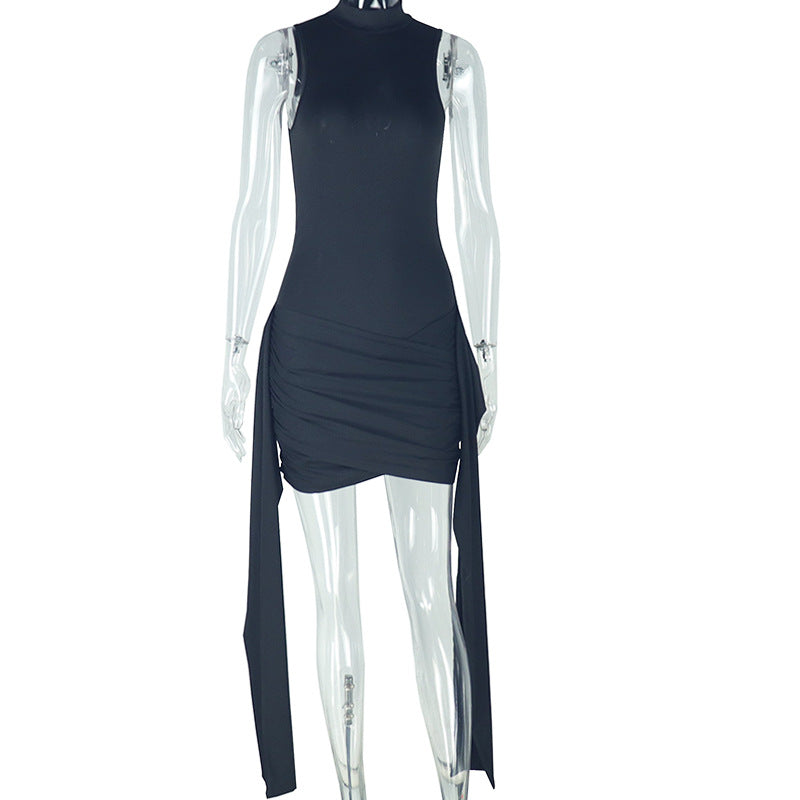 European And American Style Personalized Fashion Women'S Pleated Splicing Straps Slim Hip Skirt Casual Solid Color Stand-Up Collar Short Dress