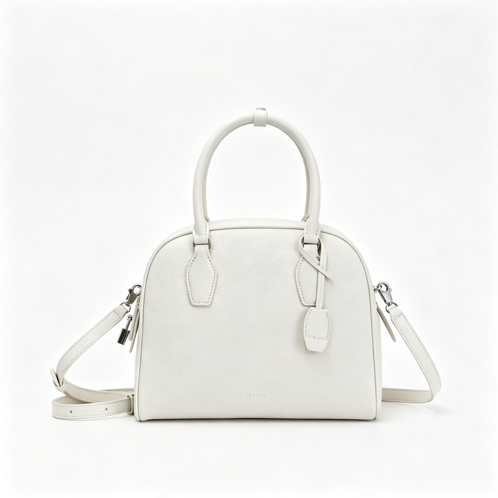 The Row India 10 Small Grained Leather Bag | 24cm Chalk White Bowling/Doctor Bag | Silver Hardware Top Handle Tote