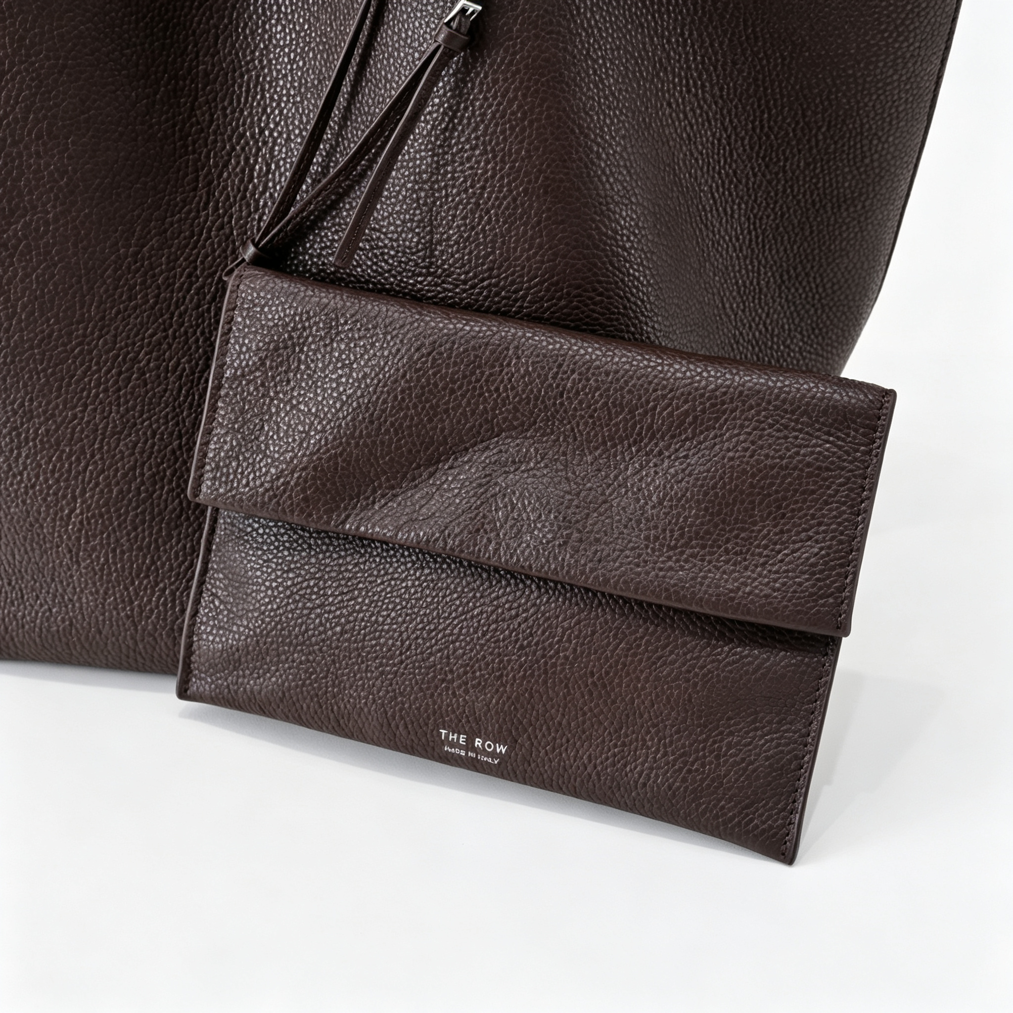 The Row XL Park Tote Bag | 50cm Pebbled Leather Large Tote with Pouch | Espresso Brown Handbag