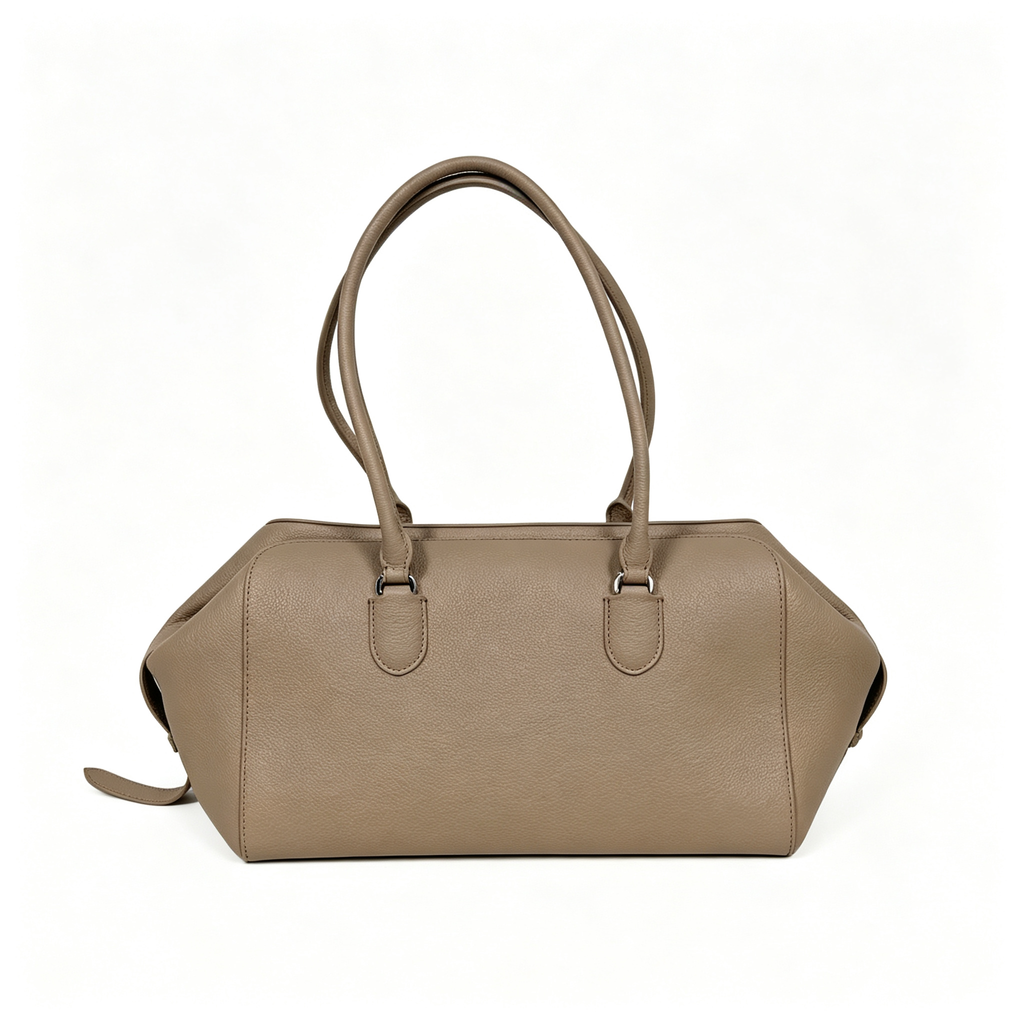 The Row EW Bowling Leather Handbag | 40cm Pebbled Leather Shoulder Bag | Taupe Commuter Tote