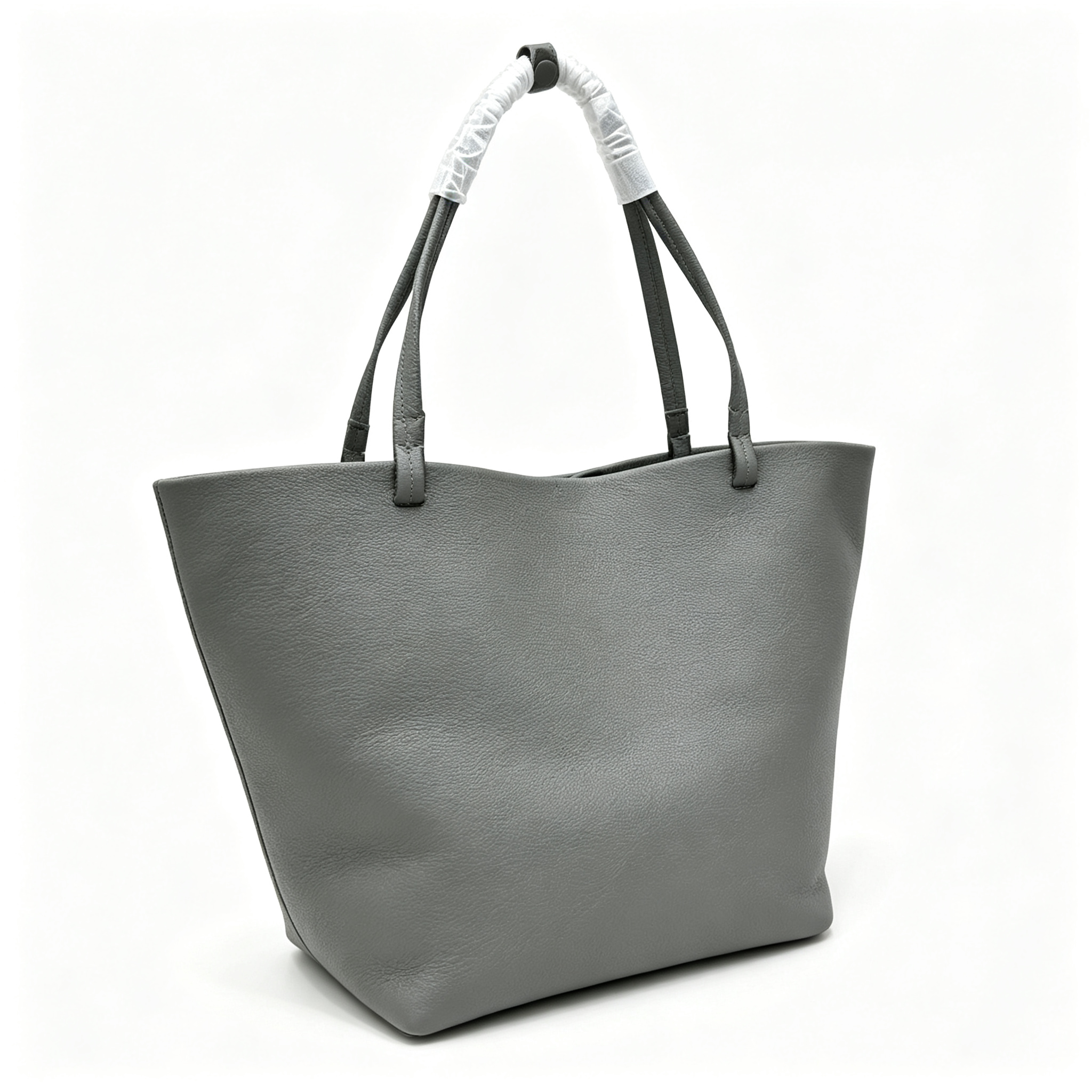 The Row Park Tote Three Large Leather Tote Bag | Elephant Grey Pebbled Leather Handbag with Matching Pouch | Women's Designer Commuter Bag