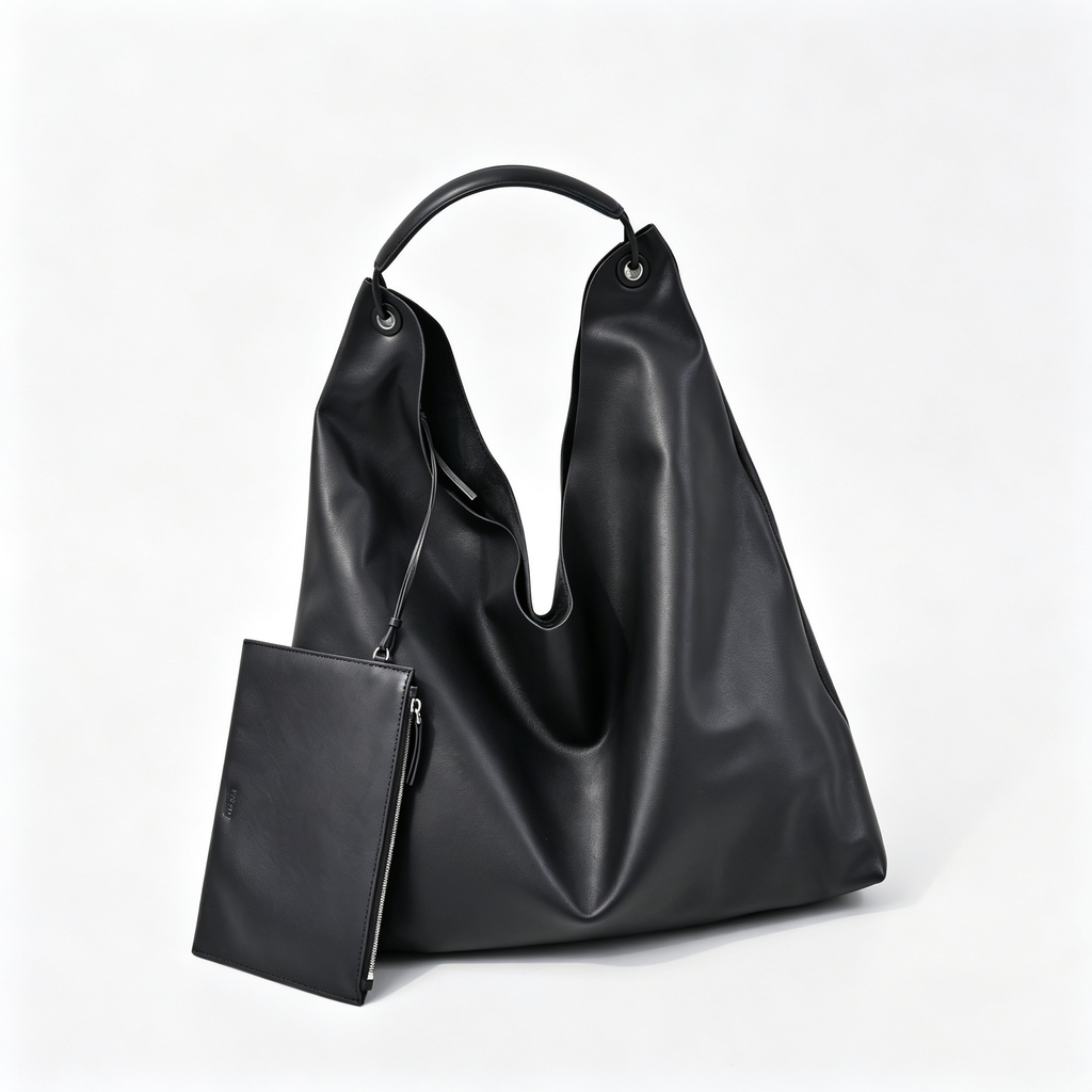 The Row Bindle 3 Black Leather Tote Bag – Large Capacity, Soft Nappa Leather, Detachable Pouch
