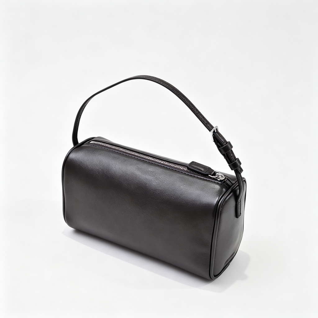 The Row Edith Barrel Bag | Small Grained Calf Leather Cylinder Bag | Black Shoulder Bag