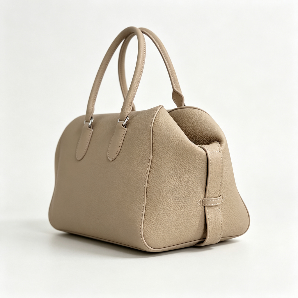 The Row EW Bowling Leather Handbag | 40cm Pebbled Leather Shoulder Bag | Taupe Commuter Tote