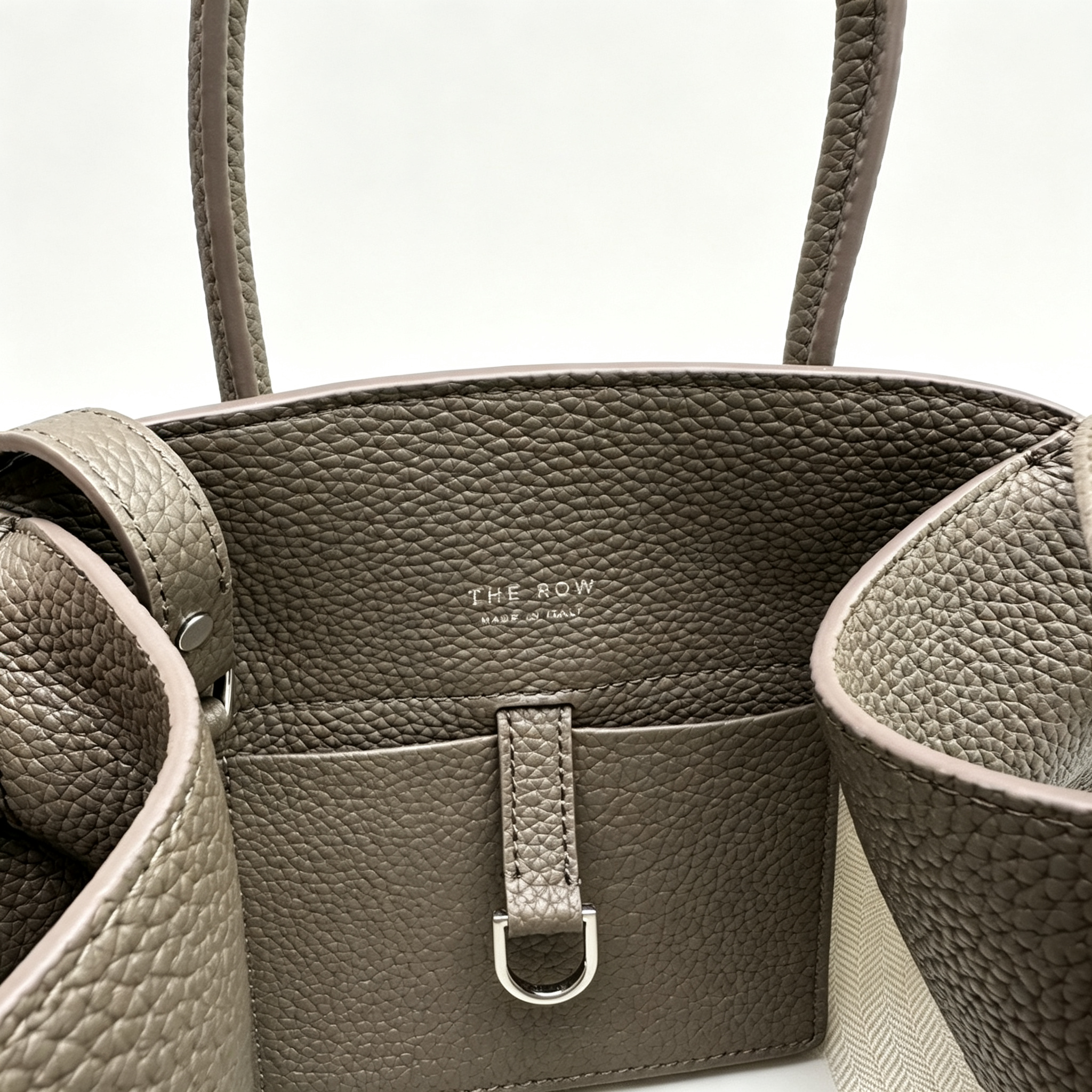 The Row Margaux 10 Mini Grained Leather Bag | 26cm Matte Calfskin Top Handle Tote | Stone Grey Margaux Handbag