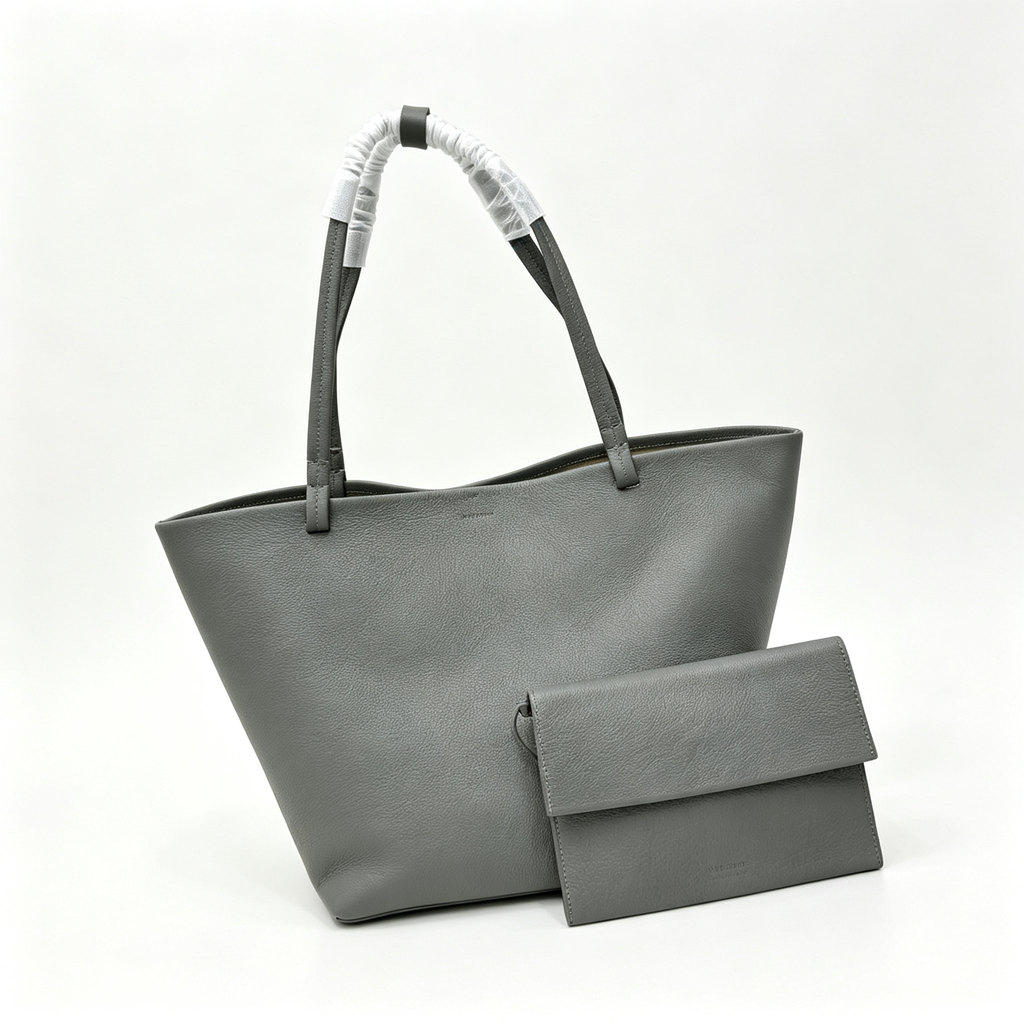 The Row Park Tote Three Large Leather Tote Bag | Elephant Grey Pebbled Leather Handbag with Matching Pouch | Women's Designer Commuter Bag