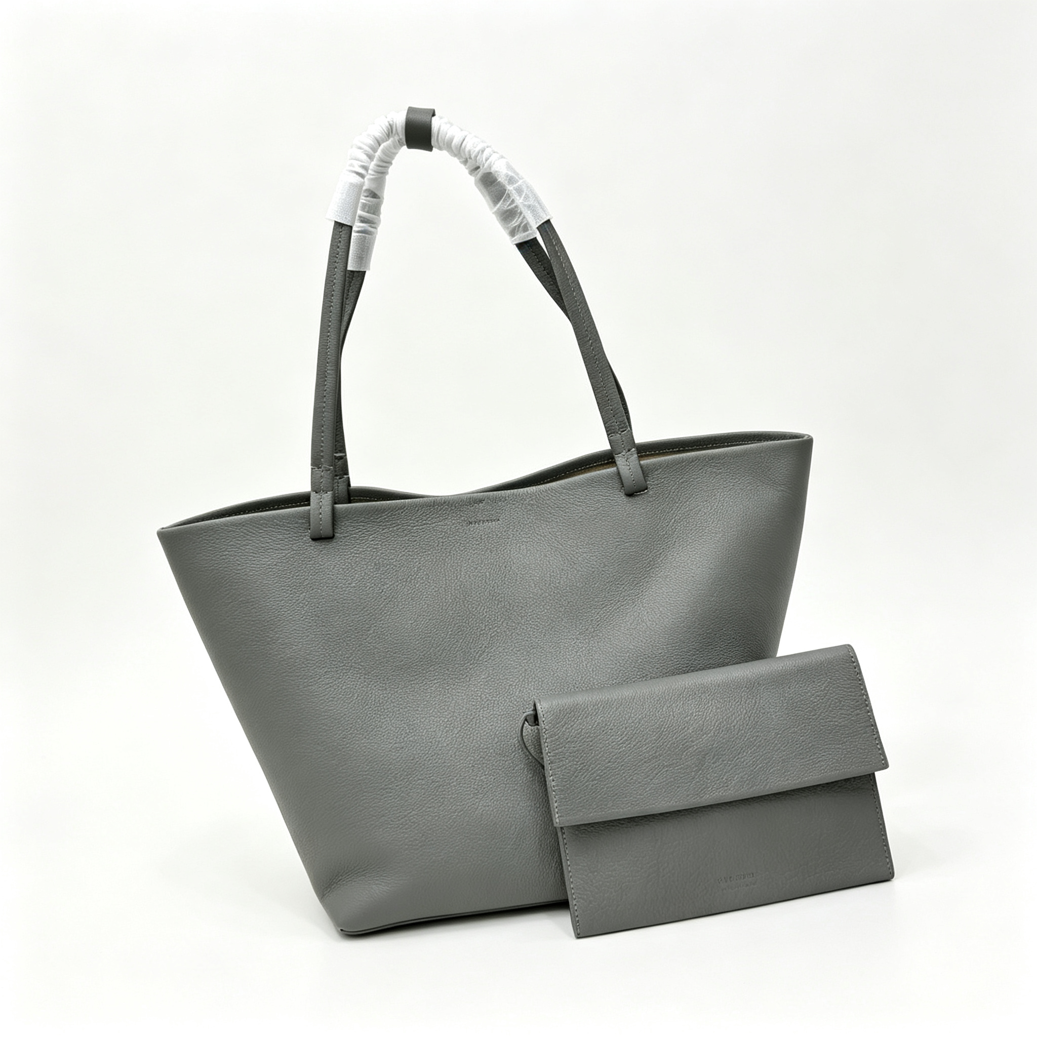 The Row Park Tote Three Large Leather Tote Bag | Elephant Grey Pebbled Leather Handbag with Matching Pouch | Women's Designer Commuter Bag
